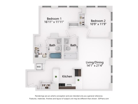 Floor plan for 2 beds, 2 baths, 1100 sqft